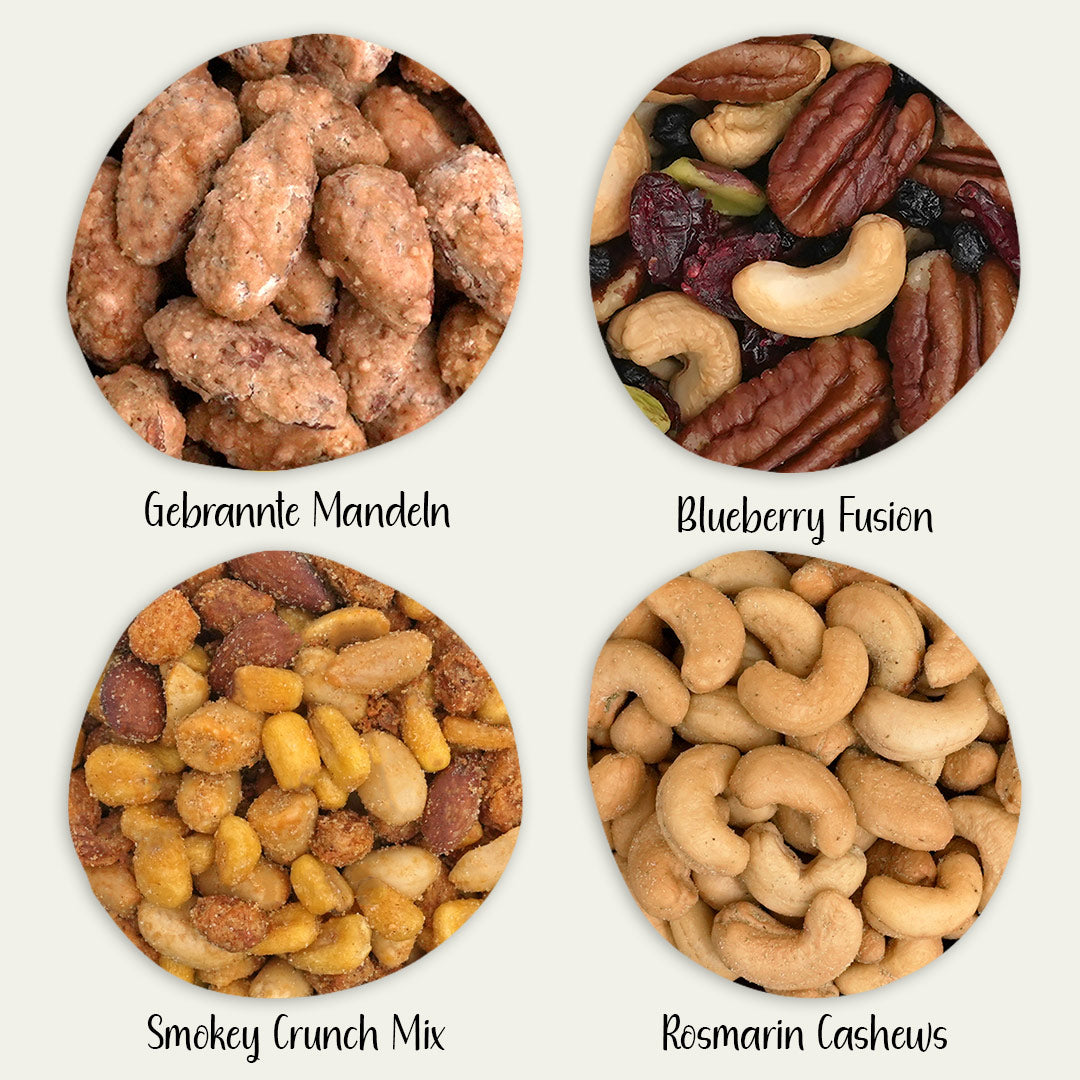 Gebrannte Mandeln, geröstete Cashewkerne und Nussmischungen als Nahaufnahme