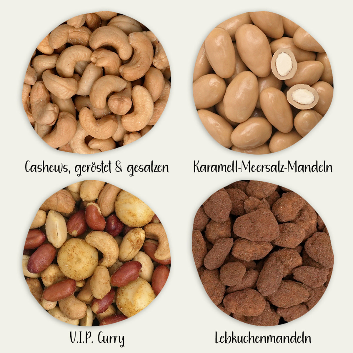 Nahaufnahme von Cashews, schokolierten und gebrannten Mandeln und einer Nussmischung
