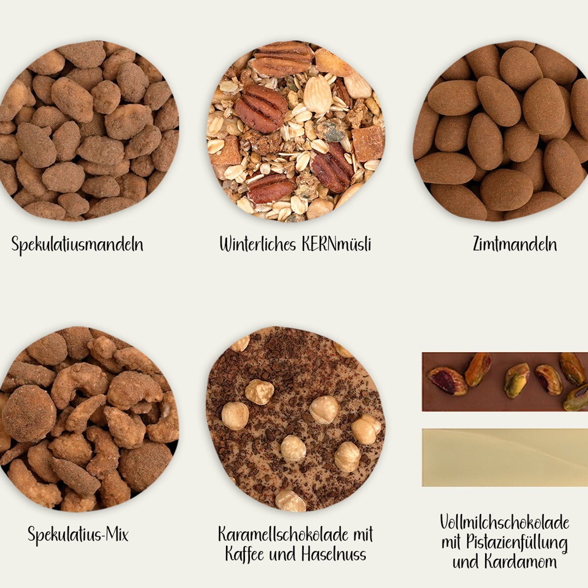 Gebrannte und schokolierte Nüsse, Müsli und Schokoladentafel und -Riegel