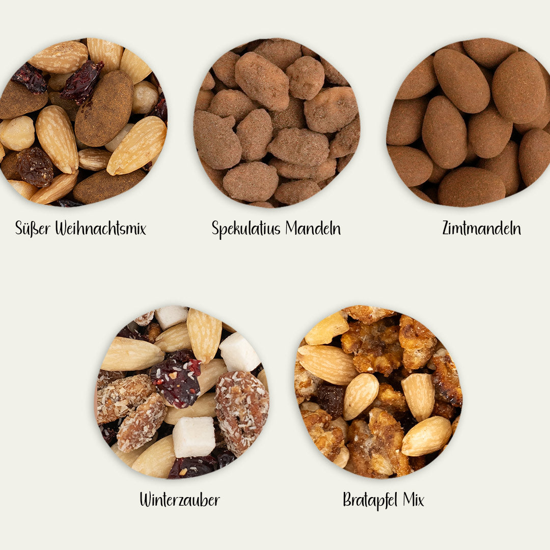 Nuss-Frucht-Mischungen, schokolierte Nüsse und gebrannte Nüsse als Nahaufnahme