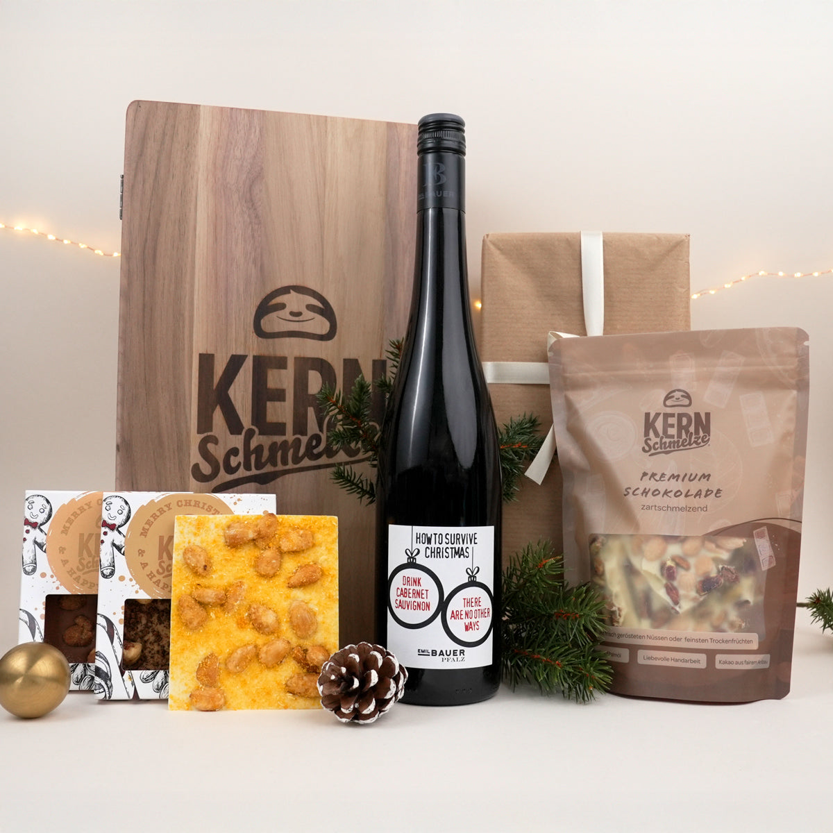 Geschenkset Holzbox mit Rotwein und Schokolade