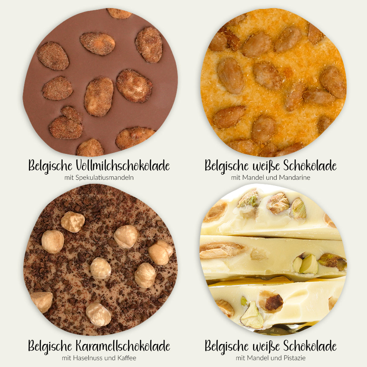 Nahaufnahme von vier verschiedenen Schokoladentafeln mit Nüssen