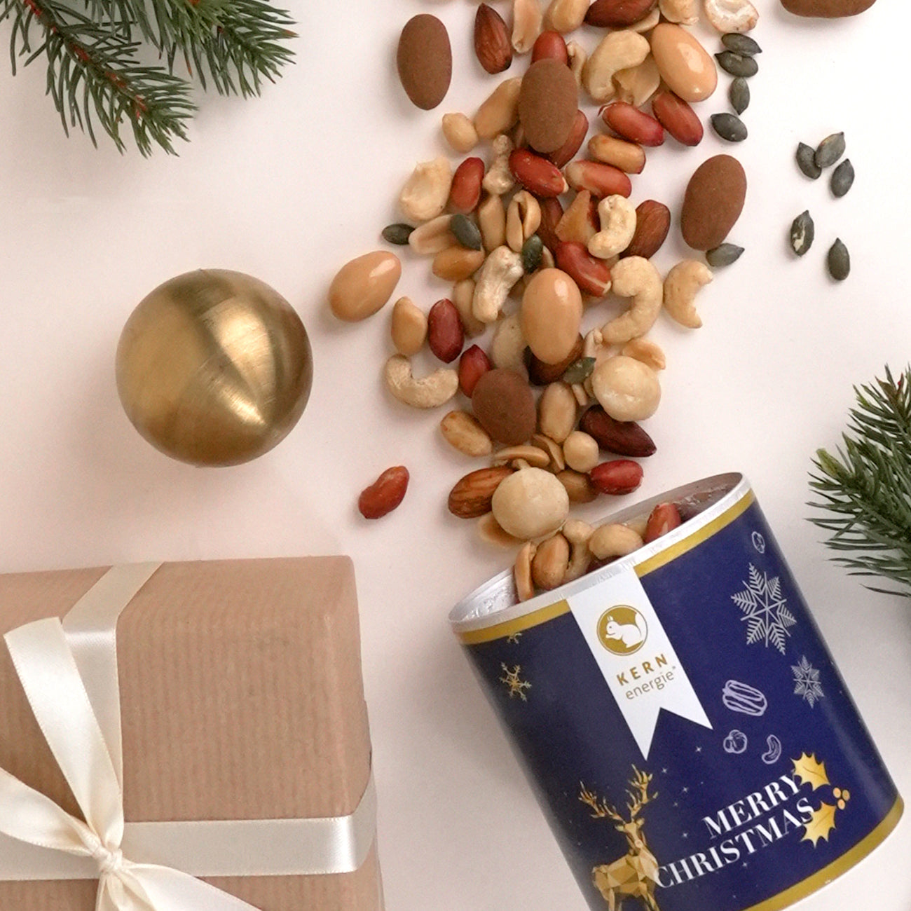 Weihnachtspappdose mit verschiedenen Nüssen und Kernen befüllt
