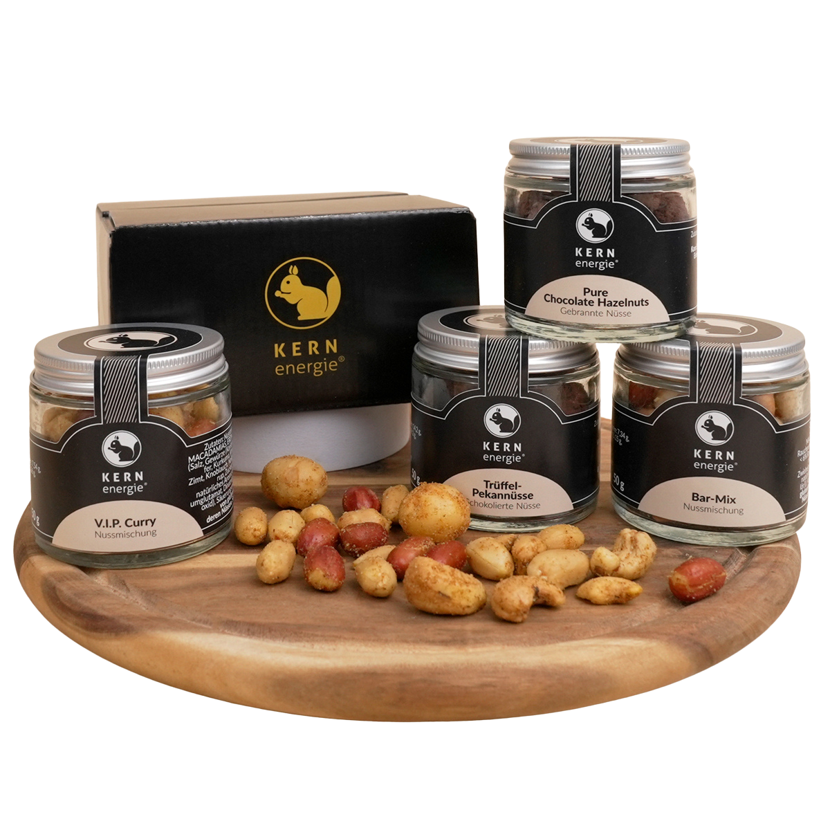 Geschenkset in Geschenkkarton – 4 Nussmischungen im Glas