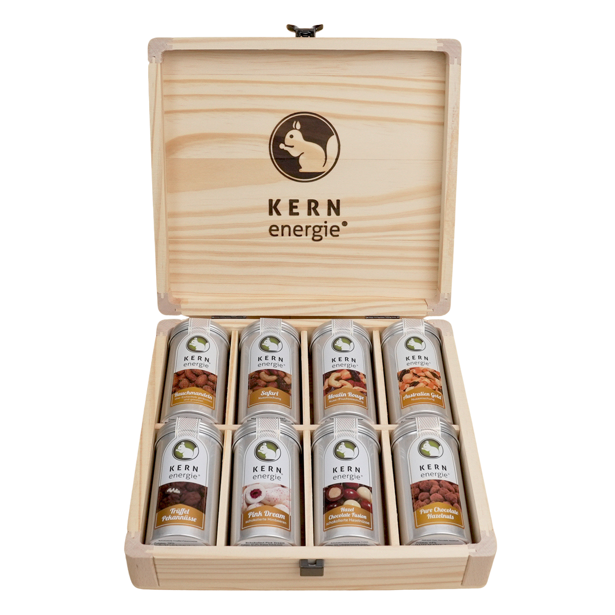 KERNige Geschenkidee in Holzbox – 8 Nuss- und Schoko-Mischungen