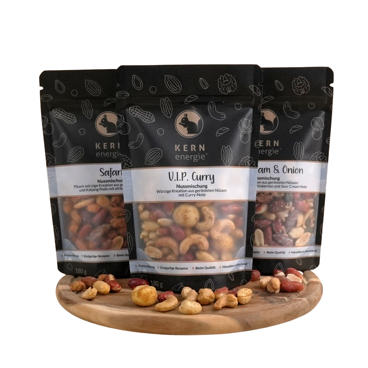 KERNenergie Dreier-Set mit schwarzen Premium-Nussbeuteln gefüllt mit Nussmischung VIP Curry