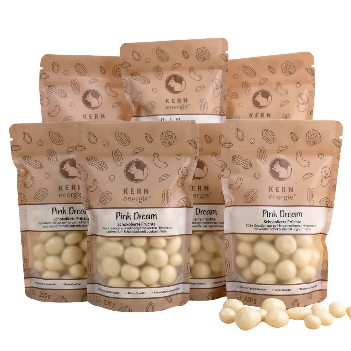 Beige KERNenergie Premium-Beutel mit Sichtfenster gefüllt mit weißer schokoladenüberzogene Himbeeren