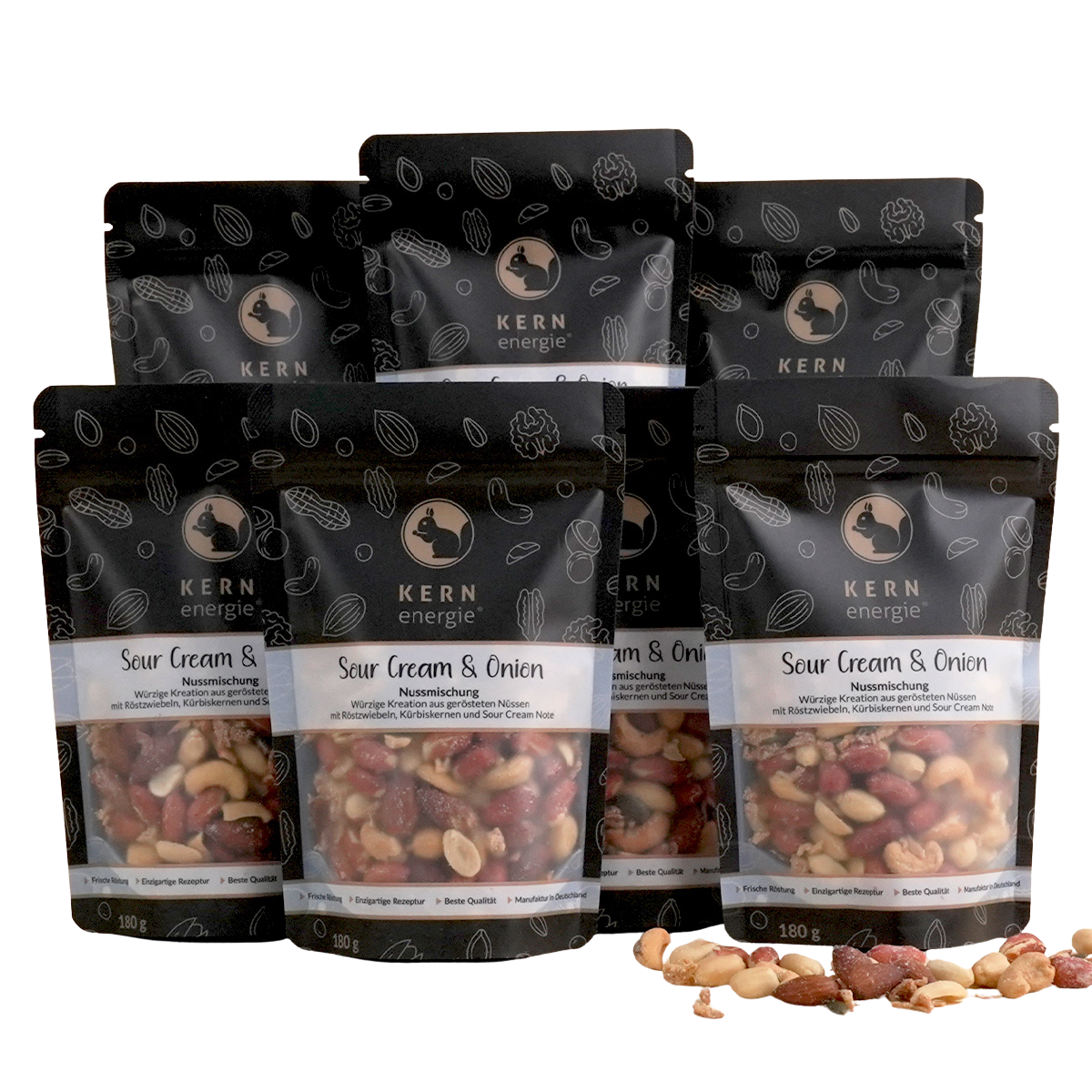 Schwarze KERNenergie Premium-Beutel mit Sichtfenster für exklusive Nussmischung Sour Cream & Onion