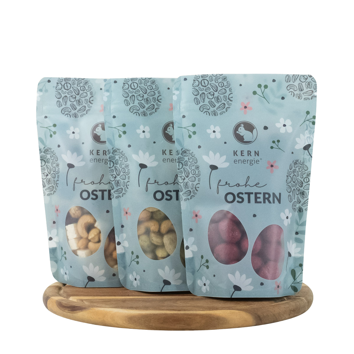 KERNenergie blaue Oster Standbeutel Set, gefüllt mit Nussmischungen.