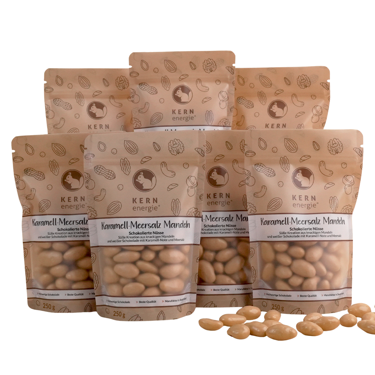 KERNenergie Stehbeutel mit Sichtfenster gefüllt mit Karamell überzogenen Mandeln
