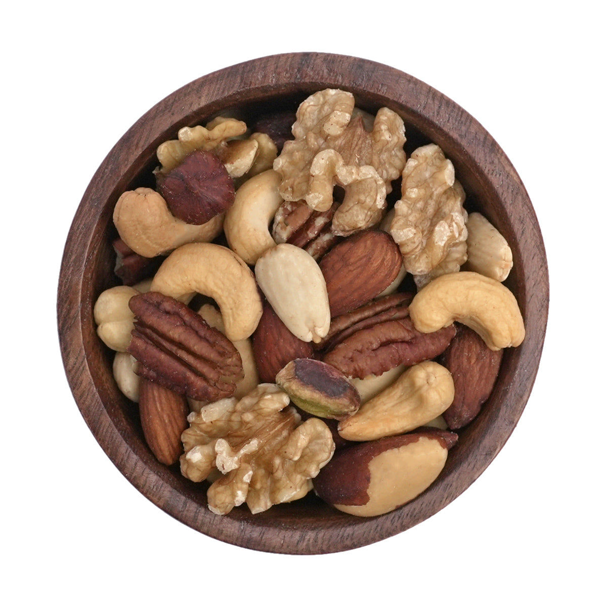 Nussmischung mit "Melange Royal" mit Walnüssen, Pekannüssen, Cashews, Mandeln mit und ohne Haut, Paranüssen, Haselnüssen mit Haut und Pistazien