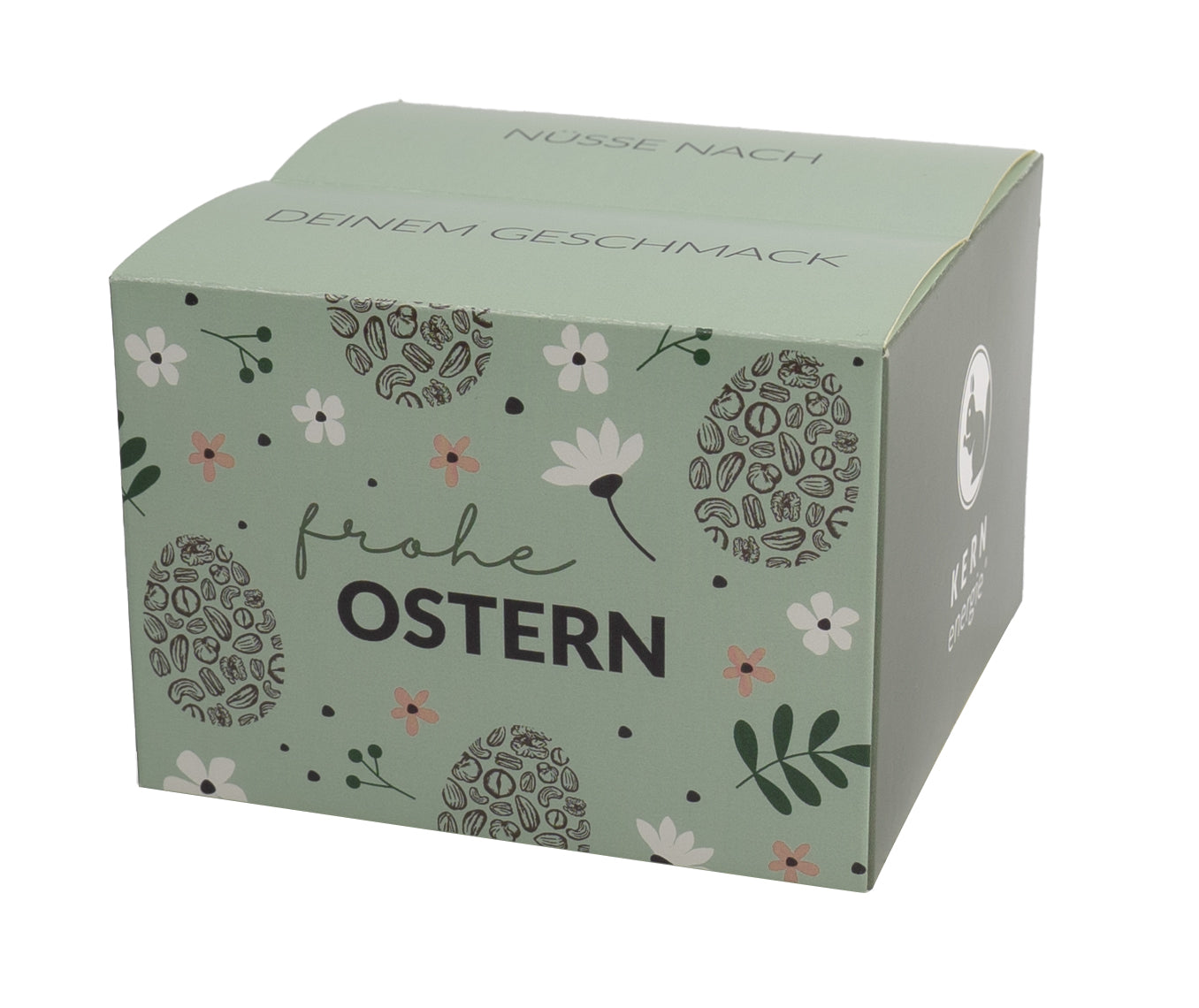 Stilvolle Ostergeschenkbox, personalisierbar mit Firmenlogo oder individuellem Gruß, gefüllt mit Nüssen, Schokolade und Ostersüßigkeiten – ideales Geschenkset für Kunden, Mitarbeiter oder Geschäftspartner