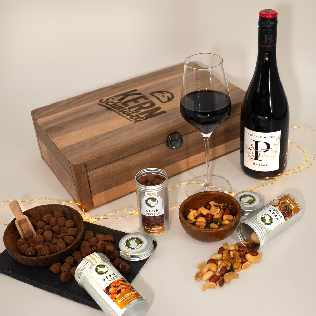 Perfect Match Wein & Nuss Set in Holzbox – Rotwein