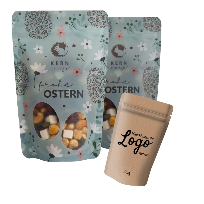 Nüsse und Snacks im Standbodenbeutel mit individuellem Etikett oder vollständigem Direktdruck  – flexible Snackverpackung als Werbegeschenk mit Logo und personalisiertem Design
