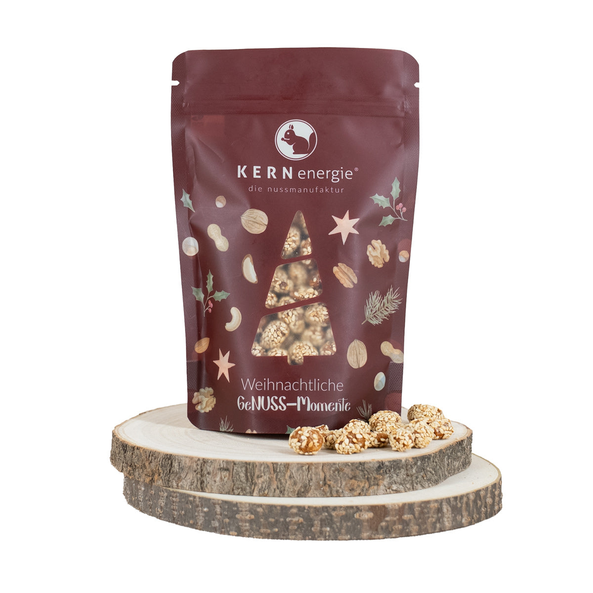 Gebrannte Erdnüsse mit Sesam in weihnachtlichem Snackbeutel