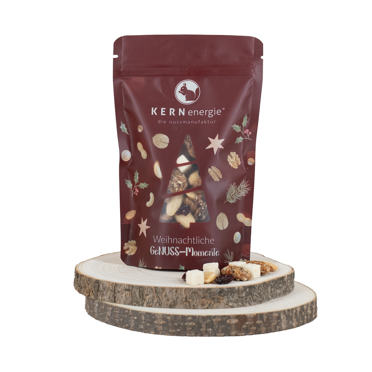 Nuss-Frucht-Mischung in weihnachtlichem Snackbeutel