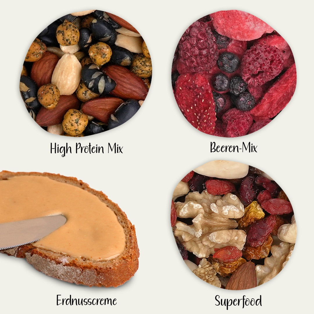 Nahaufnahme von Nussmischungen, Gefriergetrocknete Beeren und Erdnusscreme 