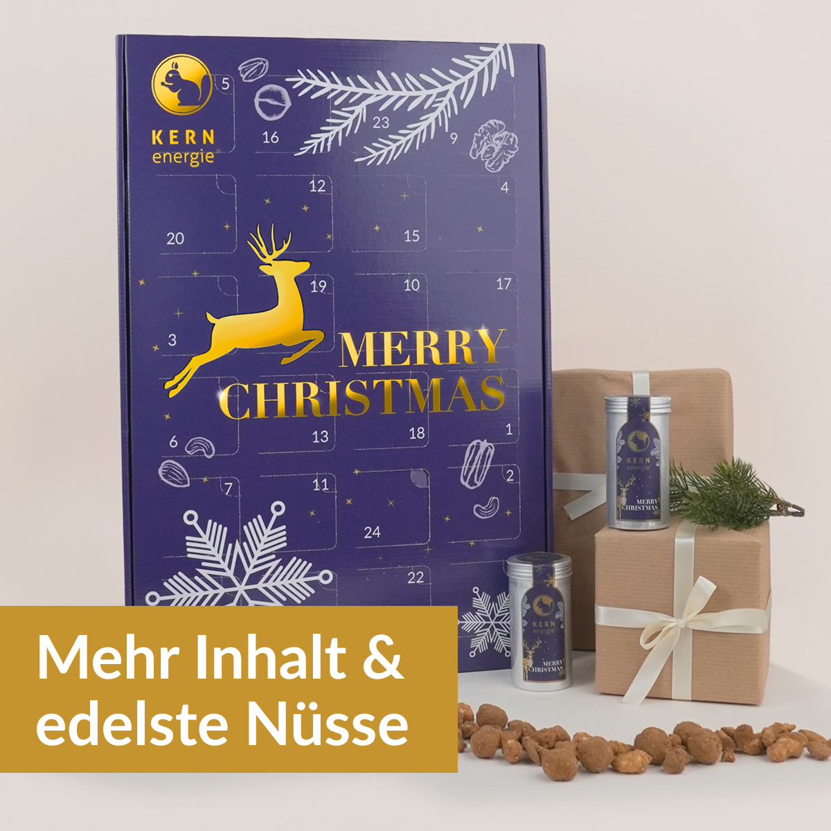 Premium Adventskalender 2025 schön dekoriert, mit Button "Mehr Inhalt & edelste Nüsse"