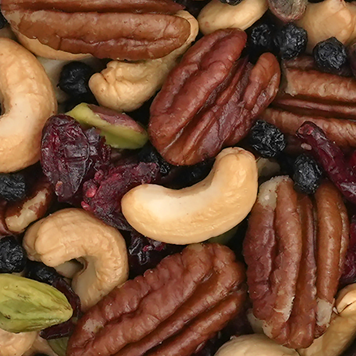 Nahaufnahme "Blueberry Fusion", Cashews, Pekannüsse, Pistazien Blaubeeren und Cranberries
