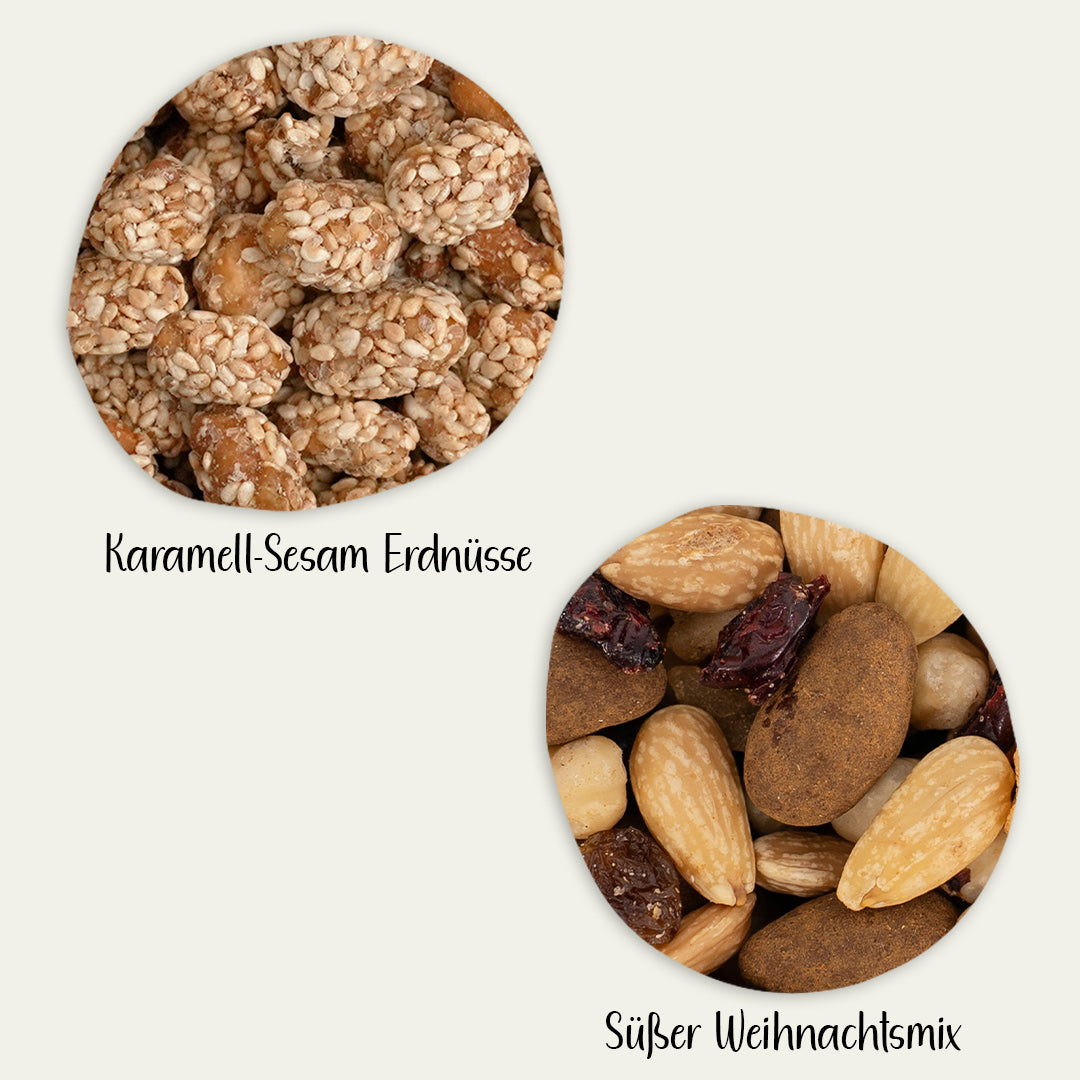 Gebrannte Erdnüsse mit Sesam und eine Nuss-Frucht-Mischung als Nahaufnahmen