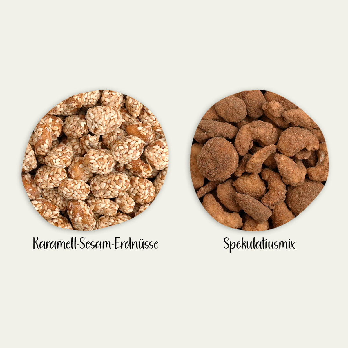 Nahaufnahme von Karamell-Sesam-Erdnüssen und Spekulatiusmix