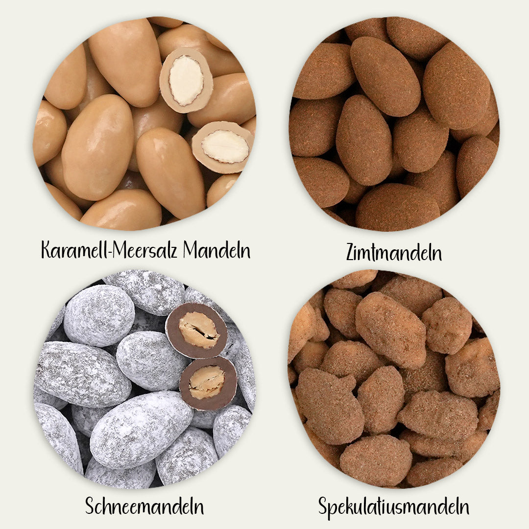 Gebrannte Mandeln und schokolierte Mandeln als Nahaufnahmen