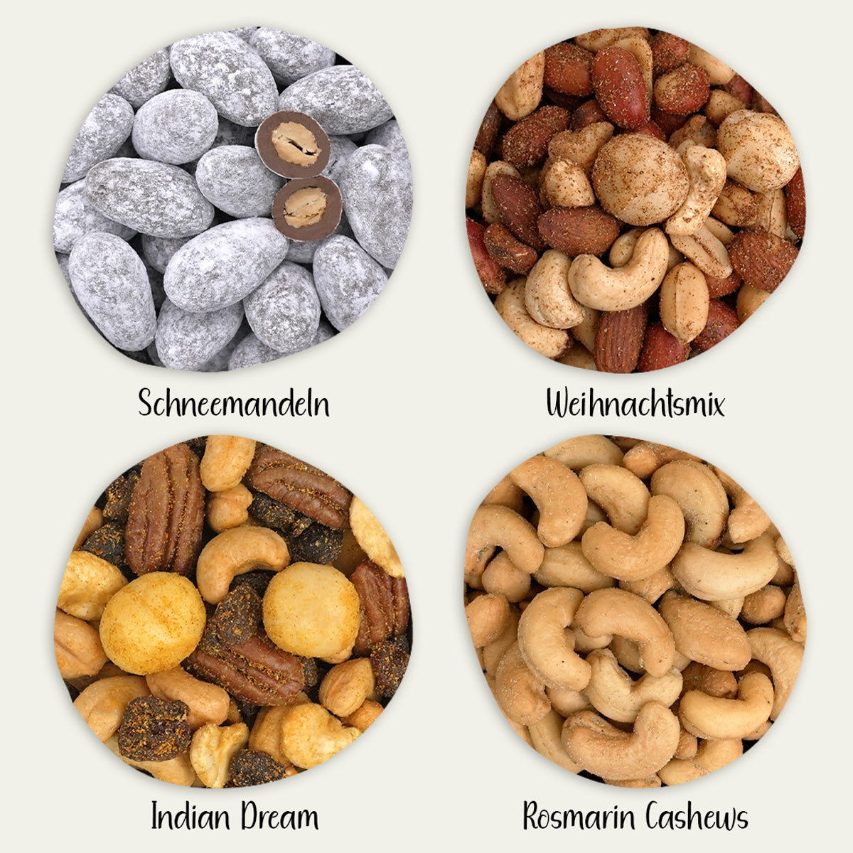 Cashews, zwei Nussmischungen und schokolierte Mandeln in der Nahaufnahme