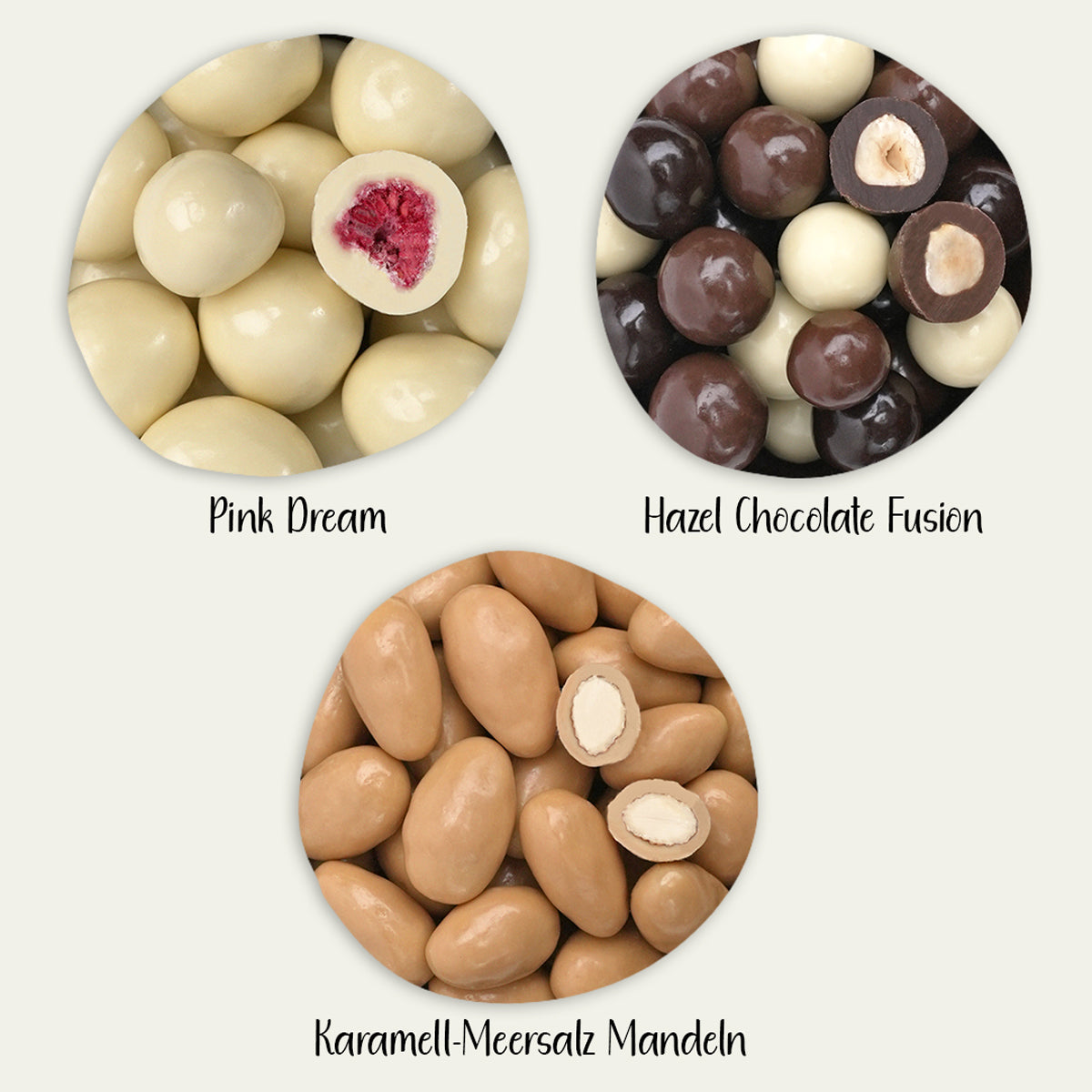 Draufsicht auf drei Kreise mit verschiedenen Nuss- und Schokomischungen von KERNenergie.