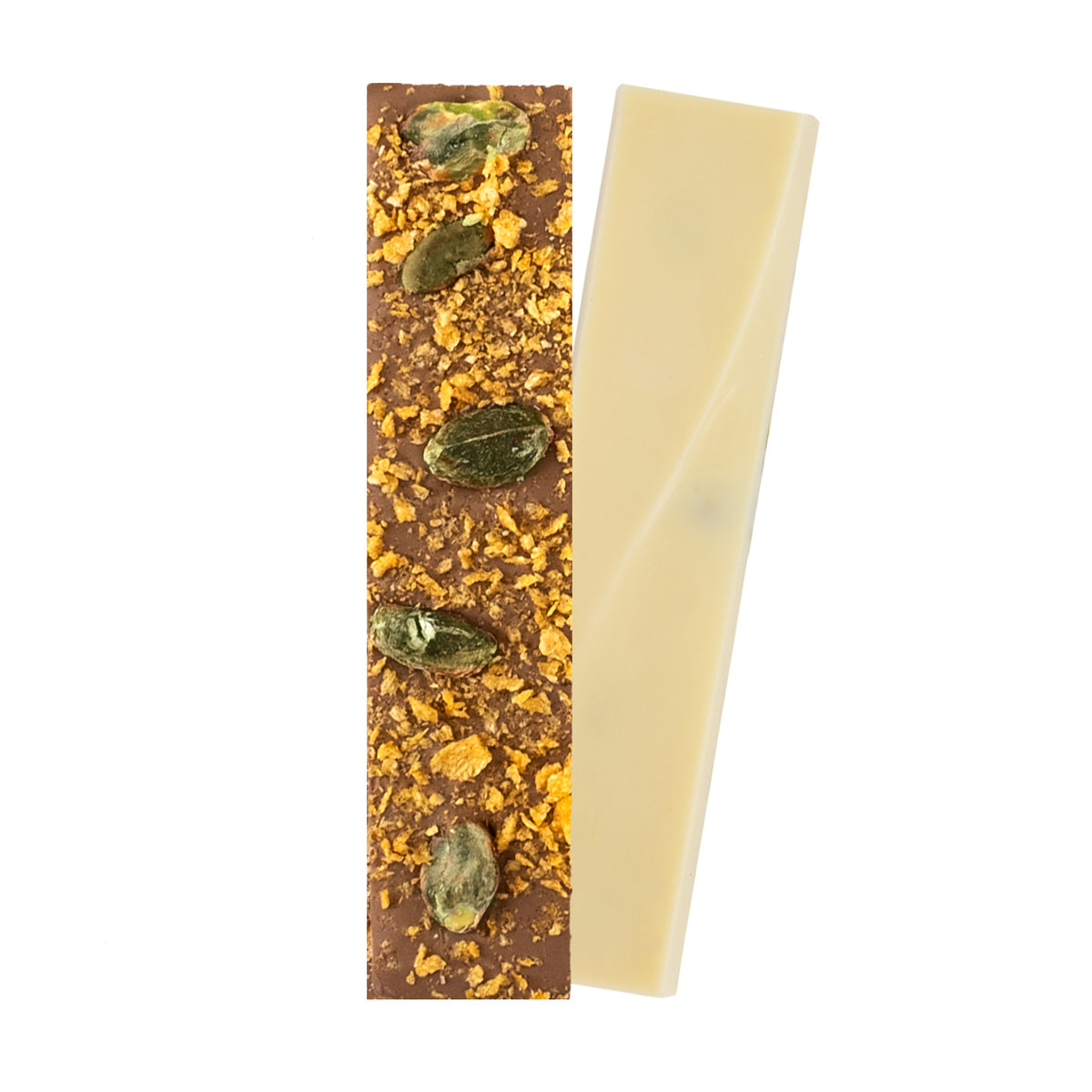 Schokoladenriegel mit Vollmilchschokolade und weißer Schokolade mit gerösteten Pistazien, Aprikosenstückchen und Pistaziencremefüllung