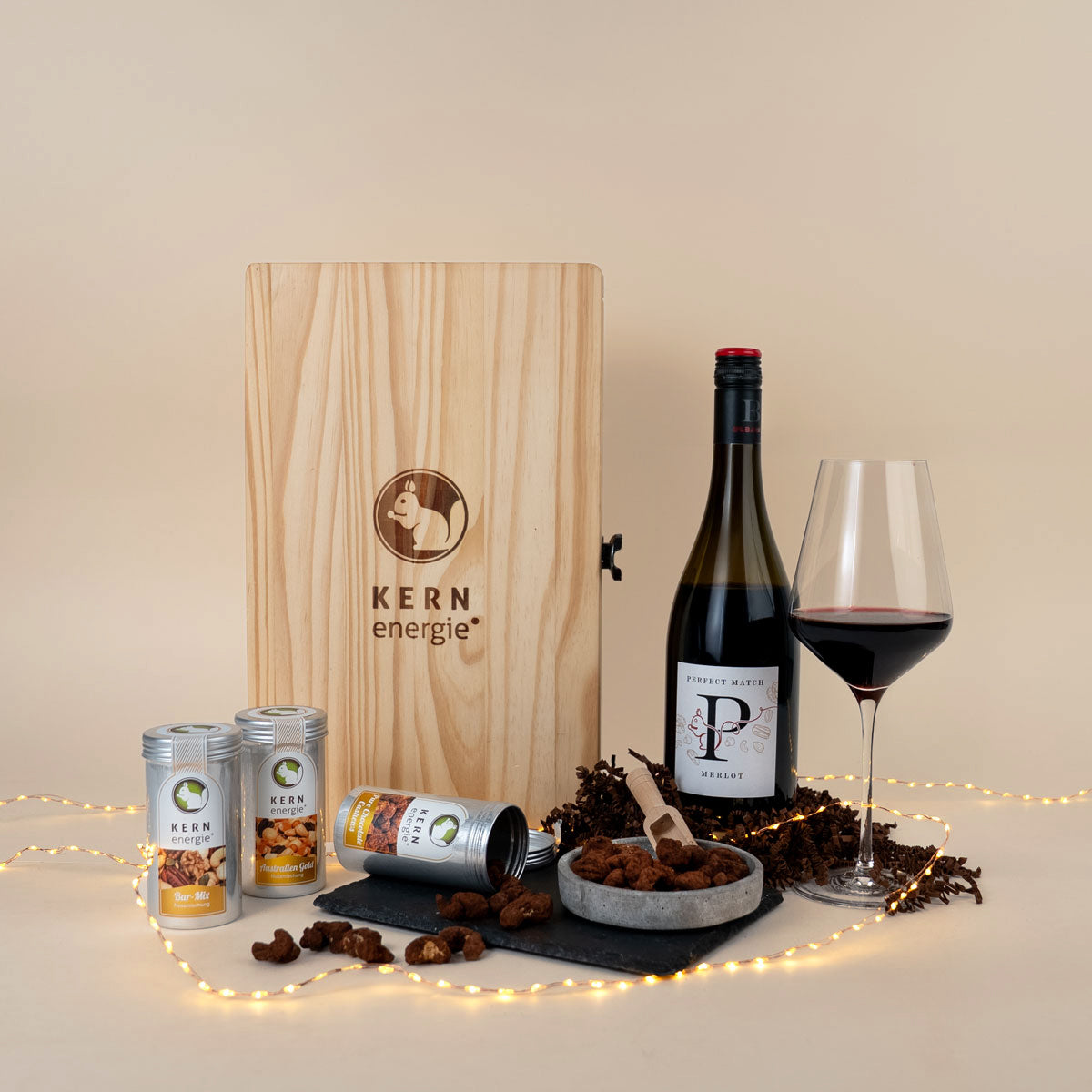 Perfect Match Wein & Nuss Set in Holzbox – Rotwein