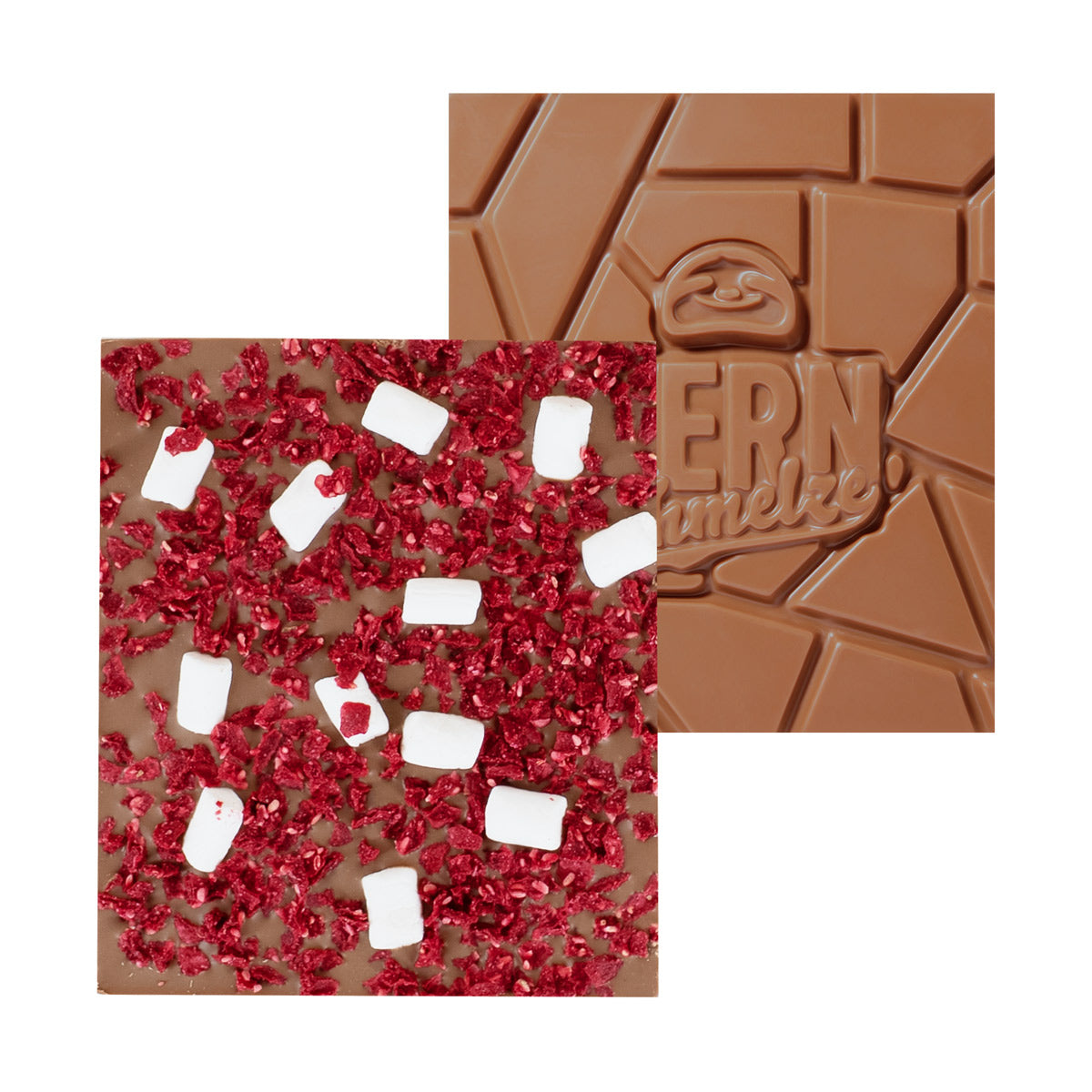 Vollmilchschokoladentafel mit Marshmallows und gefriergetrockneten Himbeeren