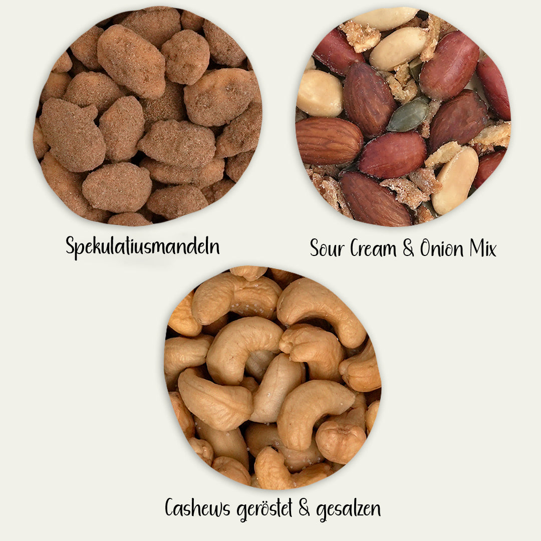 Gebrannte Mandeln, geröstete Cashewkerne und Nussmischung als Nahaufnahme