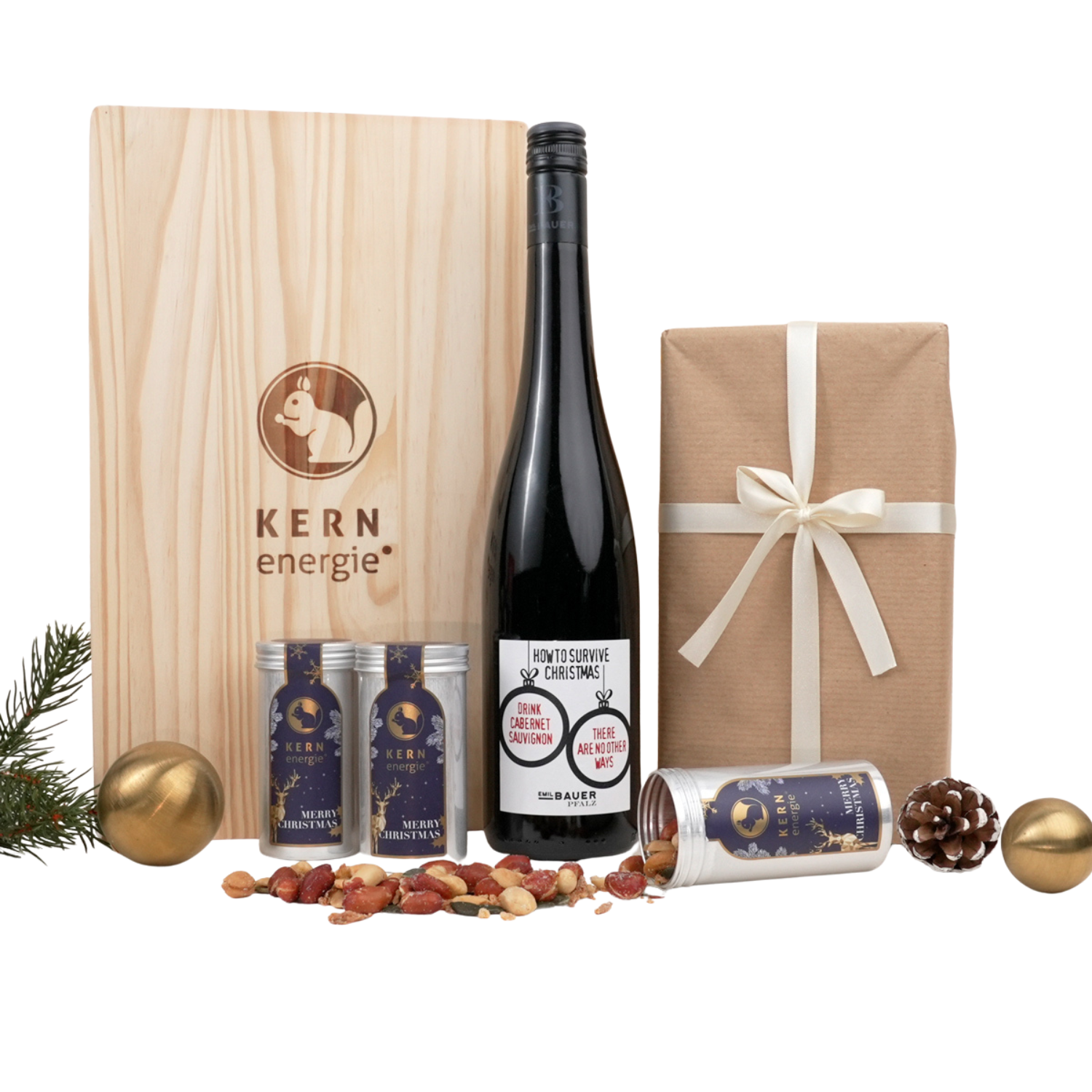 Originelle Weihnachtsgeschenke mit Firmenlogo: hochwertige Nüsse, Wein und handgefertigte Schokolade als individuelle Firmenpräsente in Holzbox mit ihrem Logo