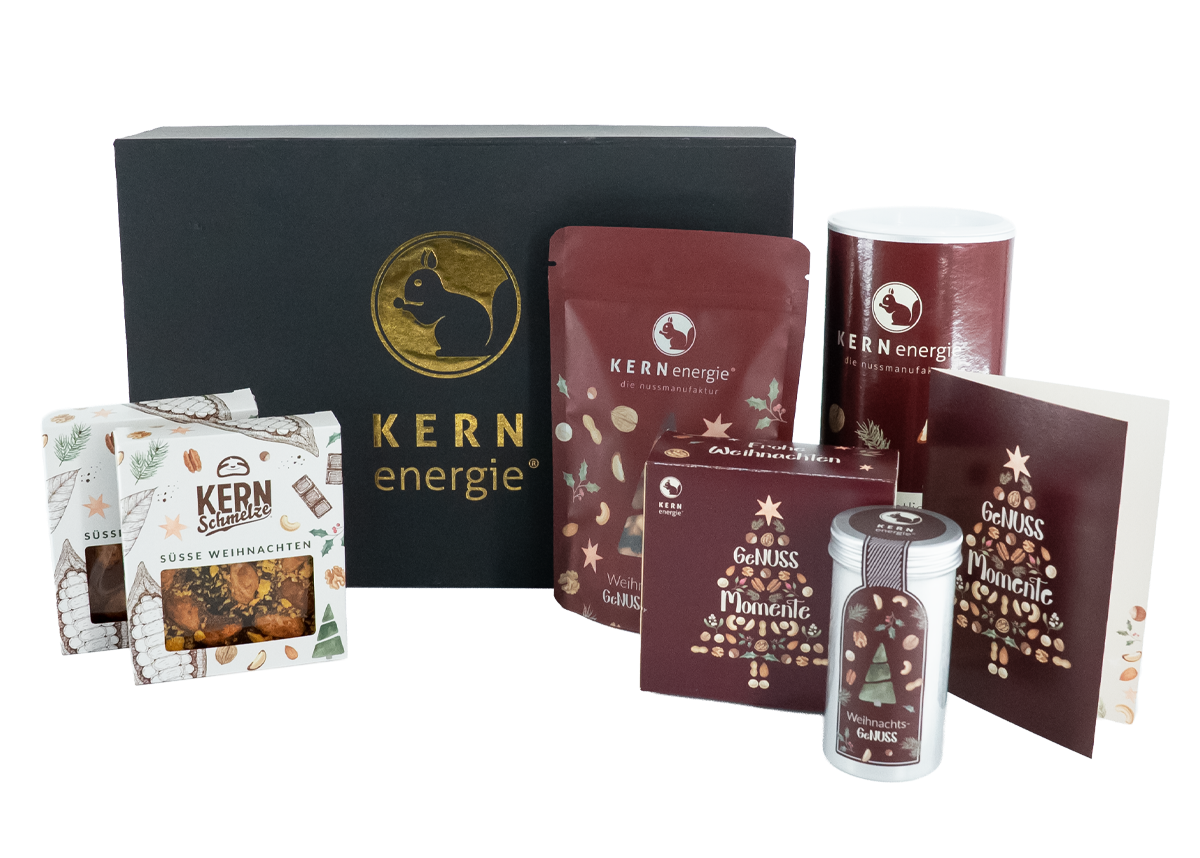 Kunden Weihnachtsgeschenke: Firmenweihnachtsgeschenke für Kunden – individuell gestaltete Nuss- und Schokoladensets als Werbepräsent