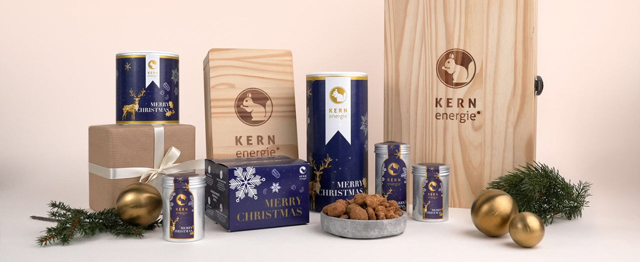 Verschiedene Weihnachtsgeschenke für Mitarbeiter – Nüsse, Schokolade und Geschenksets im festlichen Design 2025 zur Wertschätzung und Motivation