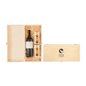 Holzbox Wein und Nuss mit Firmenlogo